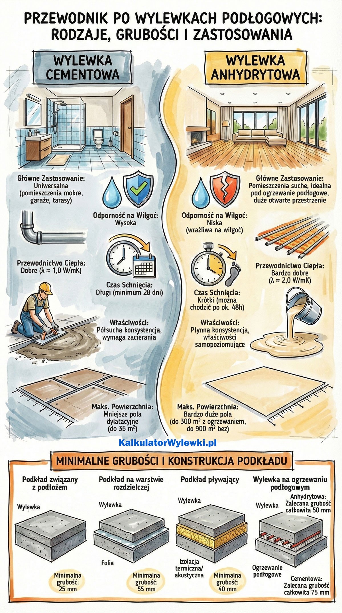 Infografika przedstawiająca zastosowanie wylewek według rodzajów - porównanie wylewki cementowej, anhydrytowej i samopoziomującej z ich charakterystyką i najlepszym zastosowaniem